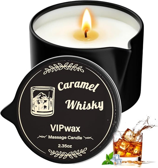 Soybean Wax Warming Massage Oil Candle for Stress Relief and Skin Moisturizing, Couples Massage, Romantic Gift SPA for Home Scented Candle Body Oil - Caramel Whisky Scent 2.35 OZ