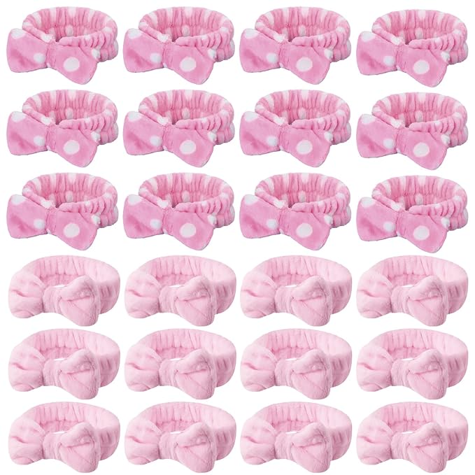 WILLBOND Spa Headband Bow Hairband Facial Makeup Women Face Wash Adjustable Skincare Headbands Flannel Towel Soft Head Wraps for Women Shower Washing Face(Sweet,24 Pieces)
