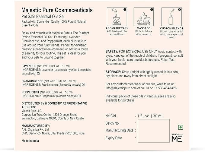 Majestic Pure, Lavender, Peppermint and Frankincense Pet Essential Oil Set | Pet Friendly and Provides Peaceful Atmosphere Used for Diffuser, Room Spray and Topical | Set of 3