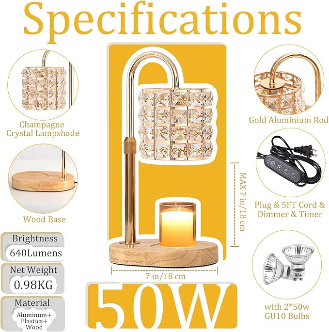 Candle Warmer Lamp, Adjustable Height Wax Warmer Lamp with 2 Bulbs Timer Dimmer, Candle Top Melting Compatible Jar Candles, Glass Candle Heater Lamp for Scented Wax, Gifts for Home Decor (Amber)