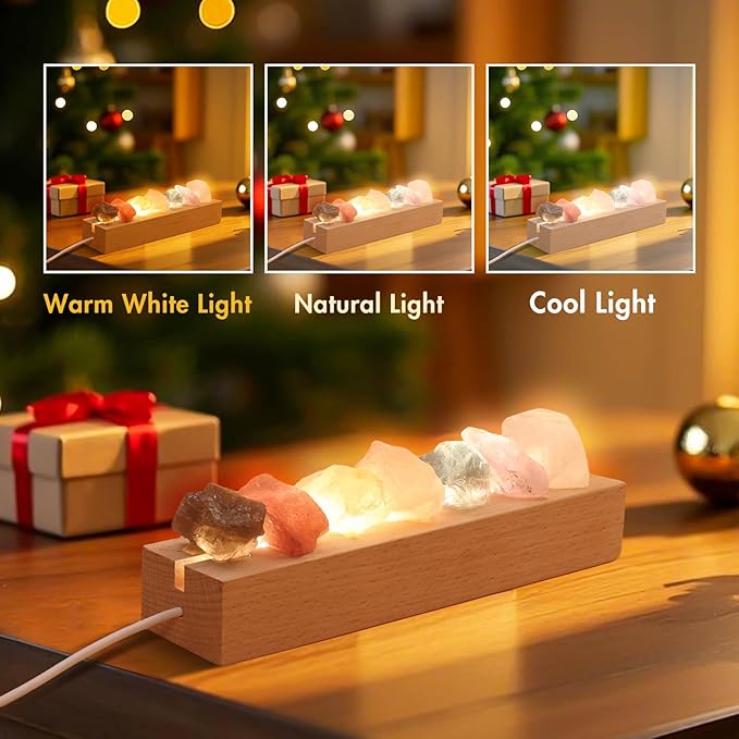 Healing Crystal Night Light,7 Chakra Stones Bedside Lamp,Mood Light with Wooden LED Light Base,Healing Stones Positive Energy Night Light for Home Decor Gifts (Plug-in)