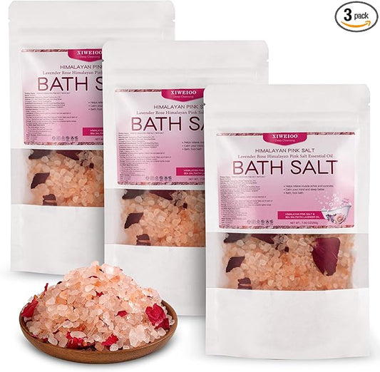 Bath Salts KIT Pack of 3 Natural Epsom Salt Rose Essential Oils Relaxes and Better Sleep Himalayan Pink Salt Foot Soak Tea Tree Oil Himalayan Foot Bath Salts Set