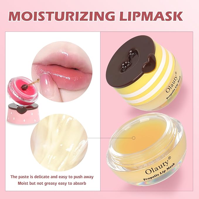 Deepmind 2 PCS Bee Lip Balm Lip Mask Honey Pot, Honey & Strawberry Lip Mask Propolis Moisturizing Lip Balm with Stick - Hydrating Prevention Dry and Cracked Lip Scrubs Exfoliato Lip Wrinkle Care