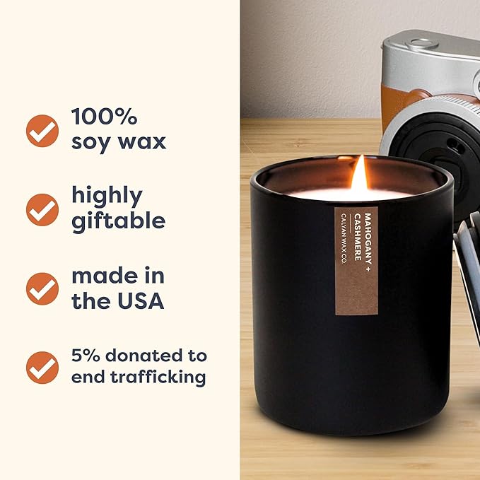 Calyan Wax Candle, Mahogany & Cashmere Scented Candle, 75 Hour Burn Time, Aromatherapy Soy Candles, Non Toxic & Vegan Soy Wax, Black Tumbler Scented Candles, 13oz