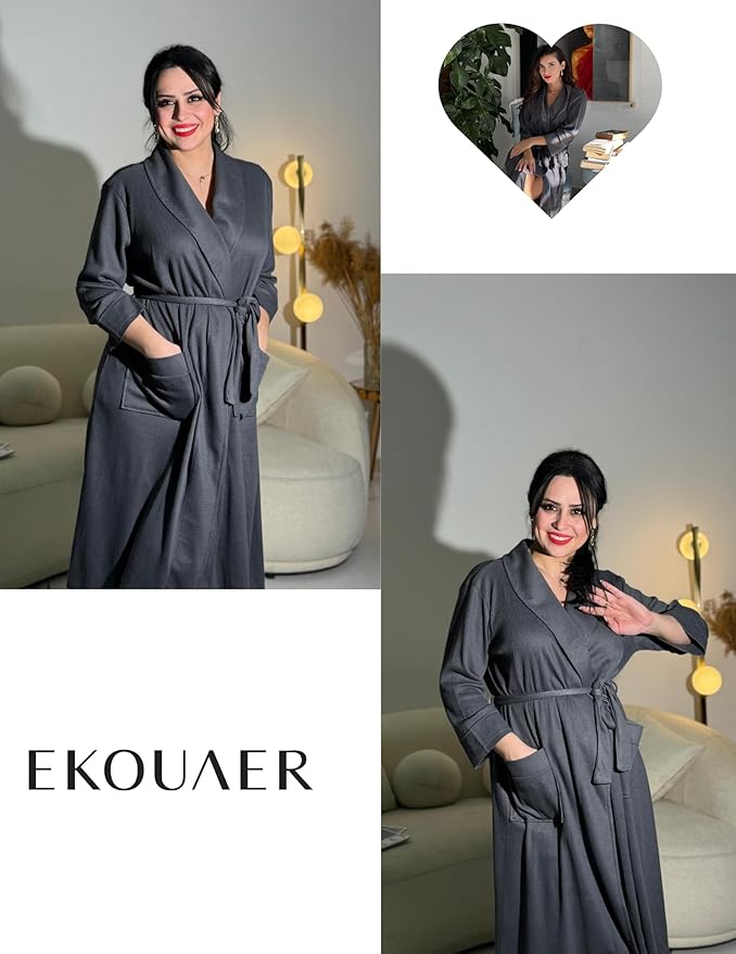 Ekouaer Robes for Women Long Waffle Knit Bathrobe Lightweight Kimono Robe Soft Shawl Collar Spa Robes with Pockets S-XXL