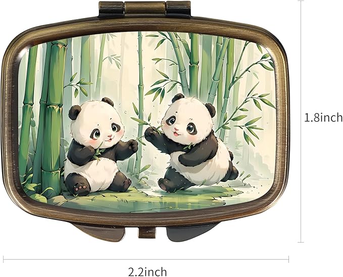 Dynippy Pill Case Pill Box with Mirror Retro Pocket 2 Compartment Medicine Case Vitamin Pill Organizer for Pocket Purse and Travel (Retro-Panda)