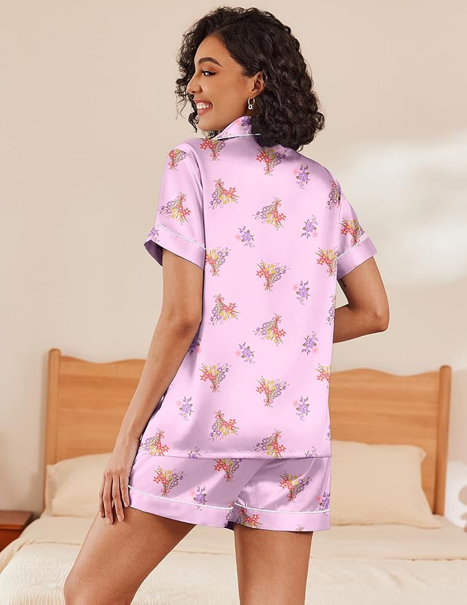 Ekouaer Silk Pajamas for Women Short Sleeve Sleepwear Soft Button Down Loungewear 2 Piece Satin Pjs Shorts Set S-XXL
