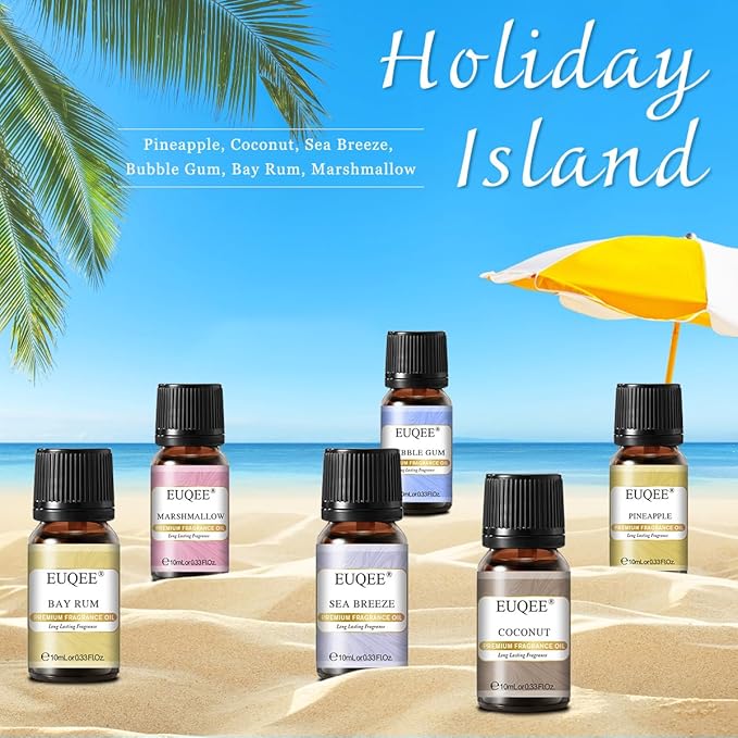 EUQEE Summer Fragrance Oil Gift Set of 6，Holiday Island Essential Oils Set for Humidifier, Aromarathepy-Pineapple, Coconut, Sea Breeze, Bubble Gum, Bay Rum, Marshmallow(10ml)