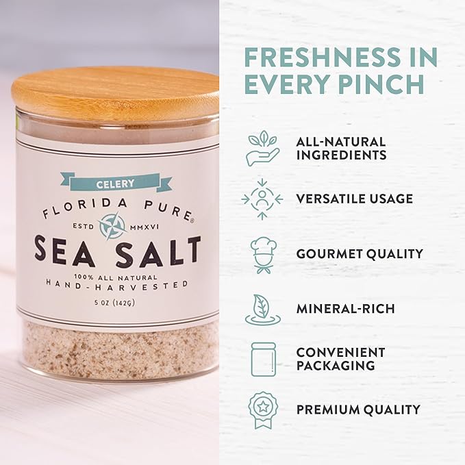 FLORIDA PURE Celery Sea Salt - 80+ Mineral Sea Salt, Natural, Unrefined, Non Iodized - for Baking, Cooking, Seasoning & Cocktail Rims - Rich Taste Flaky Sea Salt (5 oz Jar)