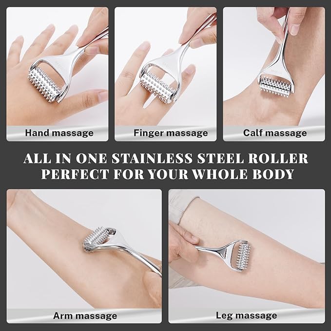Acupuncture Massage Roller, Stainless Steel, Portable Manual Roller for Whole Body Pain Relief, Puffiness Reduce and Muscle Relaxation Massage, Silver