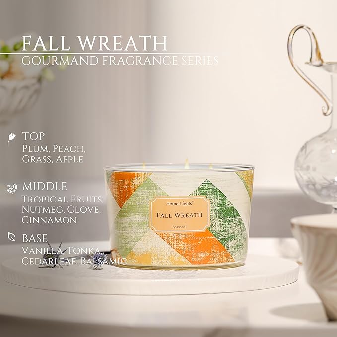 HomeLights Soy Wax Candles for Home Scented, 4-Wick Candles in Fall Wreath Scented, Rustic Modern Aromatherapy Candles Gift for Parties, Relaxing, 18oz