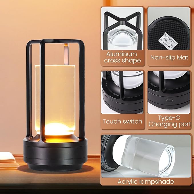 Crystal Lantern Lights Set of 2, Czgor Battery Operated Rechargeable Cordless Crystal Table Lamp with 3-Color, Small LED Desk Lamp for Indoor/Outdoor Patio Camping Bedroom Bar Restaurant(Black)