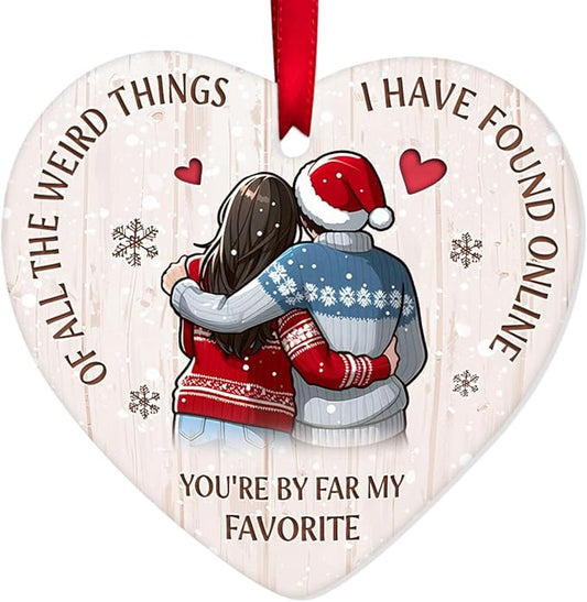 34HD Couple Gifts for Christmas, Couple Ornament for Christmas Tree Ceramic 2 Side Printed, Soulmate Partners Together Decor, Xmas Birthday Gifts for Him, Her