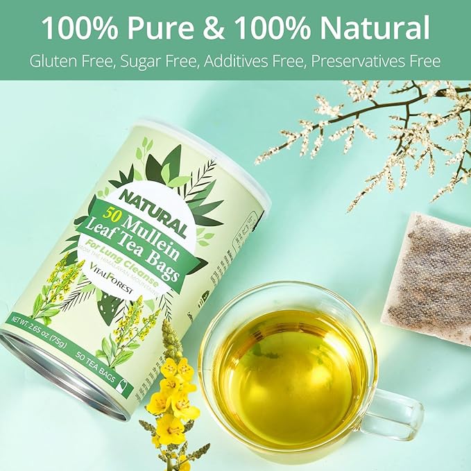 50 Mullein Tea Bags for Lungs, VitalForest 100% Pure Mullein Leave Tea, Lung Detox Cleanse Mullen Tea for Smokers Breathe Deep and Respiratory Support, Caffeine Free Mullin