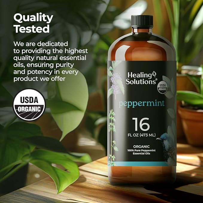 Healing Solutions Organic Peppermint Essential Oil Bulk 16oz - Large Organic Peppermint Oil Bottle for Hair, Spray & More - Peppermint Oil for House Cleaning - Peppermint Oil for Diffuser - Mint Oil
