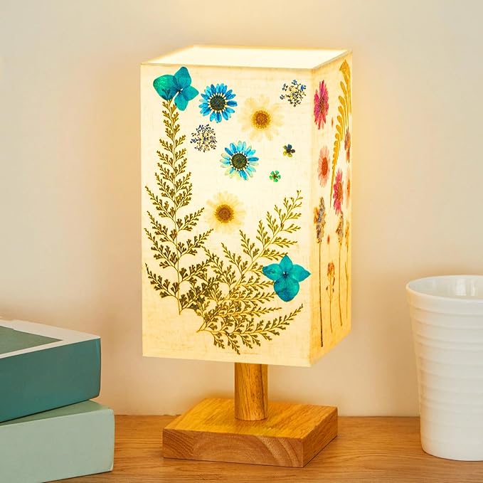 Hortsun Pressed Floral Lamp Bedside Vintage Flower Desk Lamp for Bedroom Living Room, Dorm, Home, Office Decor(1 Pcs,Square Style)