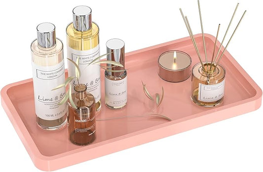 Bathroom Vanity Tray for Countertop - Bamboo Organizer Tray for Dresser Tops, Toilet, Perfume Small Decorative Tray Wood Tray for Home Decoration 11.81” L x 6.1” W x 0.79” H (Pink)