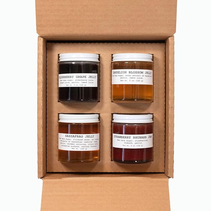 Four Pack Traditional Collection of 5 oz jars of Artisanal Naturally Grown Jams & Jellies - Sassafrass, Elderberry Grape, Strawberry Rhubarb, and Dandelion Jellies by Smoke Camp Crafts