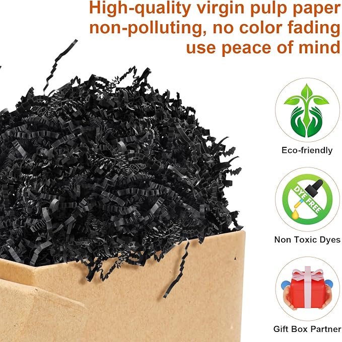 Darfukei Shredded Paper For Gift Baskets, 1/2LB (8 oz) Black Crinkle Paper Filler, Crinkle Cut Paper Shred For Birthdays, Weddings,Boxes Bags,Halloween Basket Filler,Anniversaries,Gift Wrapping