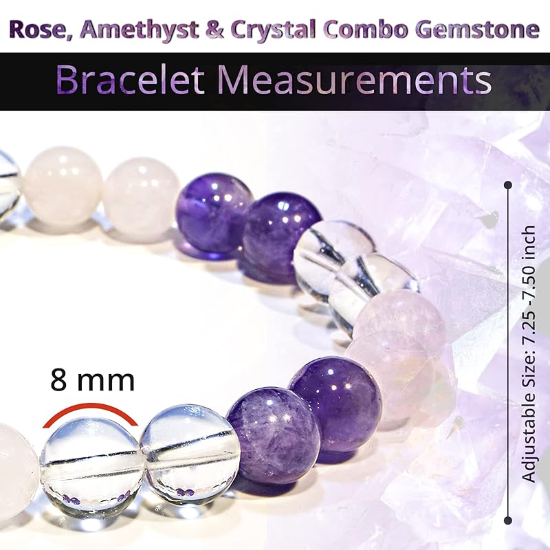 Amethyst, Clear Quartz, Rose Quartz Bracelet – Healing Crystal Bracelet for Women and Men – 8mm Round Beaded Bracelet for Men and Women – Elastic Adjustable Size Gemstone Bead Bracelet