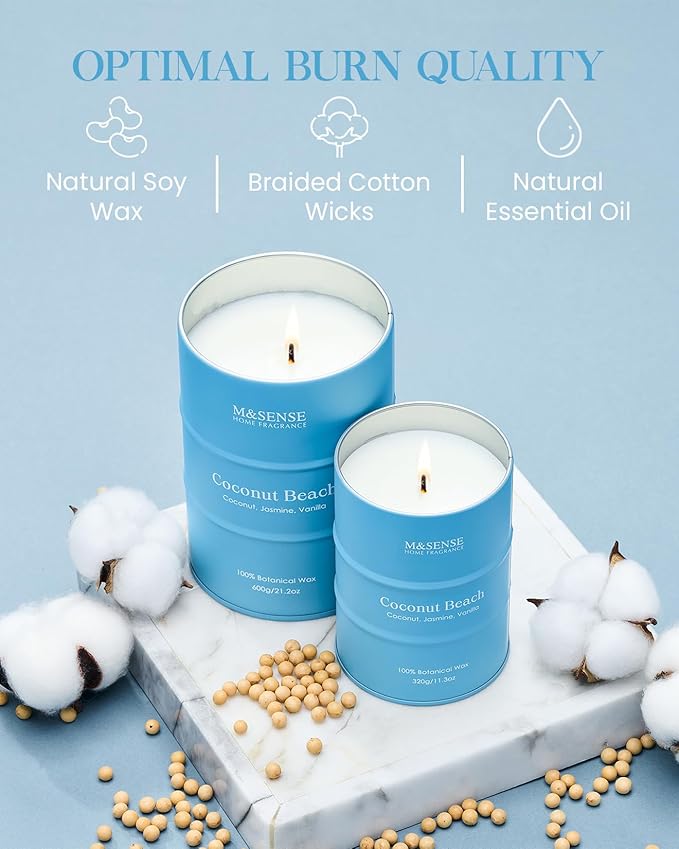 M&SENSE Coconut Beach Scented Candles Large Summer Candle, Natural Soy Candles 21.2oz Beach Candle,Aromatherapy Candle for Stress Relief Meditation Relaxing