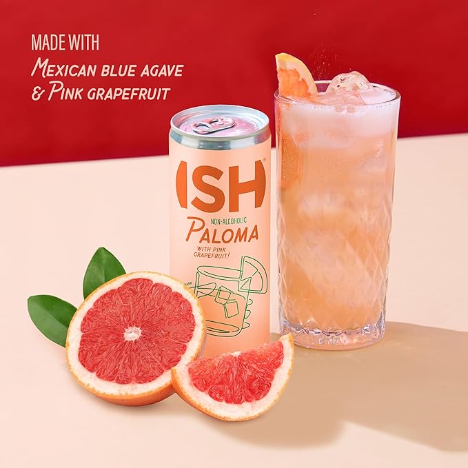 ISH Paloma, Non Alcoholic Canned Cocktail, Award Winning Non-Alcoholic Spirits, Gluten Free Mocktail Drinks with Pink Grapefruit, Lime and Mexican Blue Agave, Zero Proof Ready to Drink Cans, 4 Pack