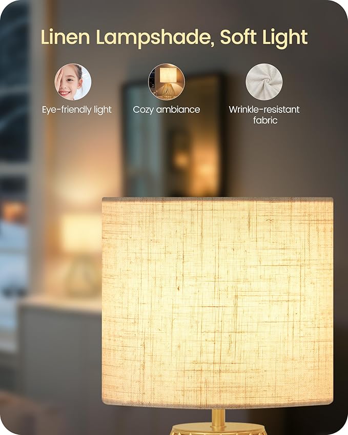 Bedside Table Lamp, 12.6'' Small Table Lamp with Beige Linen Lampshade & Gold Teardrop Cage, Modern Small Little Cute Desk Lamp for Bedroom, Living Room, 2700K LED Bulb Included DE06TL05