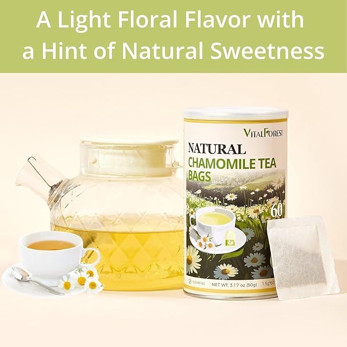 60 Chamomile Tea Bags, VitalForest Chamomile Flowers Tea, Natural Pure Camomile Tea, Caffeine Free Camomille Herbal, Help Reduce Stress And Sleep Better, Non-GMO