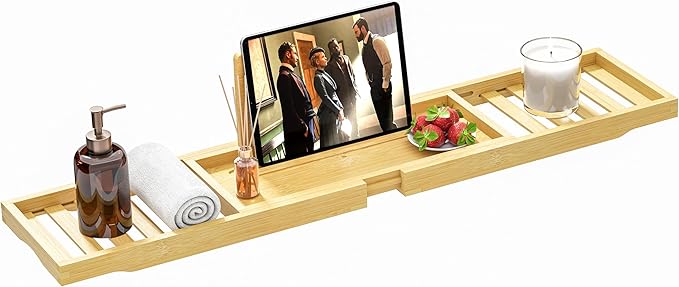 Bathtub Tray - Bath Tray Expandable - Bath Table Trays for Bathtub/Tub,Premium Bamboo Wooden, Fits Most Bath Tubs