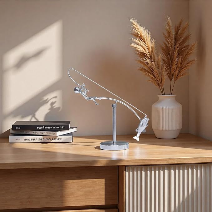 Fisherman Balance Sculpture: Balancing Fisherman, Balancing Sculpture, Stainless Steel Physical Desktop Fishing Decoration, Household Kinetic Desktop Toy. (1)