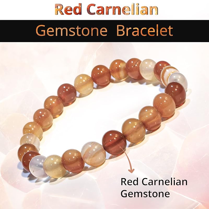 Carnelian Bracelet, Natural Healing Crystal Bracelet for Women and Men, 8mm Round Beaded Bracelet for Spiritual Healing, Protection, Positive Energy, Elastic Adjustable Size Gemstone Bead Bracelet