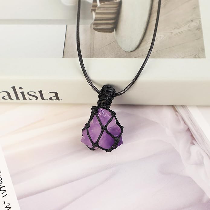 Handmade Natural Gemstone Crystal Pendant Necklace Stone Holder Necklace Cord Net Necklace with Adjustable Length for Women Men