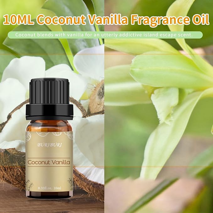 BURIBURI Coconut Vanilla Essential Oil, 10ml Premium Grade Scented Oil Coconut Vanilla Fragrance Oil for Diffuser, Massage, Candle, Soap Making