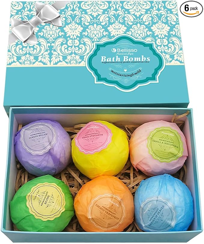Bath Bombs Gift Set - 6 XXL Bubble Bath Fizzies (4.1 oz Each) with Natural Dead Sea Salt Cocoa and Shea Essential Oils - Best Gift Idea for Birthday, Mom, Woman, Girl, Him, Kids