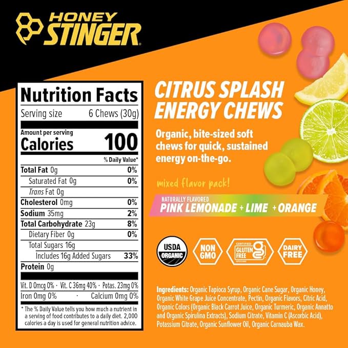 Honey Stinger Organic Citrus Splash Energy Chews, Gluten Free & Caffeine Free, for Exercise, Running and Performance, Sports Nutrition for Home & Gym, Pre and Mid Workout, 12 Pack, 21.6 Ounce
