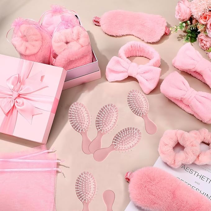 30 Pcs Sleepover Party Supplies for Women Slumber Party Supplies for Girls Spa Favor Headband Eye Mask Hair Scrunchies Comb Toiletry Bag(Pink)