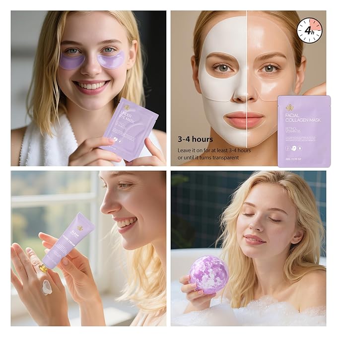 Lavender 33 Pcs Spa Bath & Body Gift Set, Face Sheet Mask Skin Care for Women, Hydrogel Mask, Lip Gloss, Cosmetic Bag, Face Serum, Necklace, Cleanser, Gua Sha, Christmas, Mother Day, Anniversary