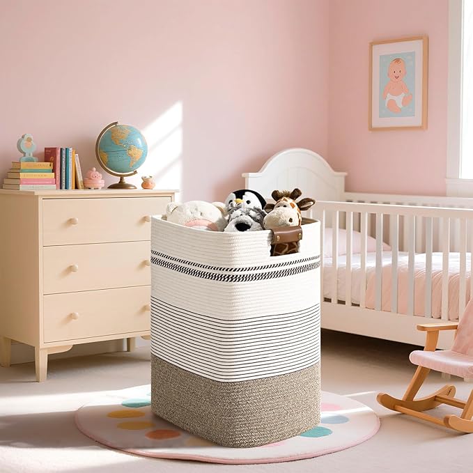 Laundry Hamper, 95L Tall Laundry Basket with Leather Handles, Rectangle Large Clothes Hamper for Organizing, Cotton Woven Laundry Baskets Storage Hampers for Bedroom, Nursery, Living Room