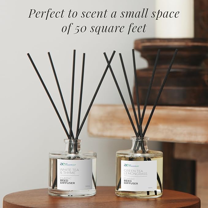 Air Esscentials Classic Green Tea Lemongrass Reed Diffuser Set - Decorative Fragrance Diffuser & Oil for Bathroom & Home | Long-Lasting Aroma | Natural Scent Sticks | Essential Oils, Botanicals| 100mL