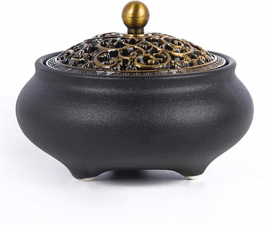 Cone Incense Burner Gift Set – Ceramic Burner with Metal Lid, Holder & Fireproof Cotton – for Stick, Cone & Coil (Black)