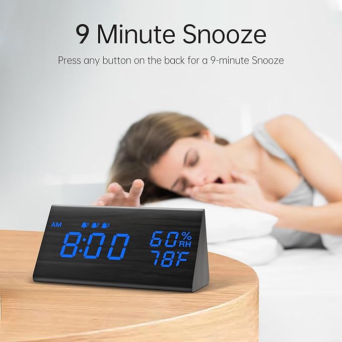 Digital Alarm Clock, with Wooden Electronic LED Time Display, 3 Alarm Settings, Humidity & Temperature Detect, Wood Made Electric Clocks for Bedroom, Bedside (Black - Blue Led)