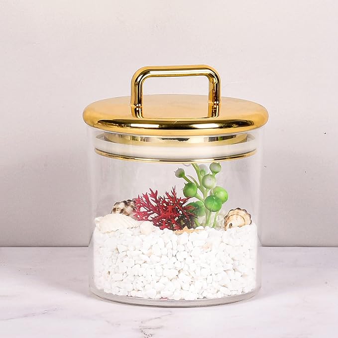 16 oz Small Acrylic Storage Apothecary Jar with Gold Airtight Lid | Bathroom Vanity Organizer Containers | Ideal Decorative Canisters for Shells, Bath Salt, Cotton Swabs, Cotton Ball, Flossers