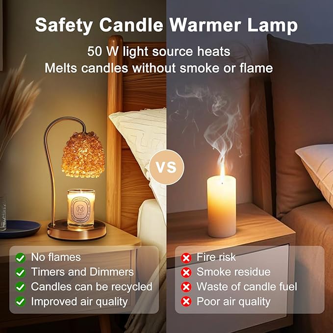 Candle Warmer Lamp with Timer Adjustable - Height Candle Warmer, Dimmer, Crystals Lampshade, Wax Melting Lamps for Home Decor, for Candles in Jars with 2 Bulbs