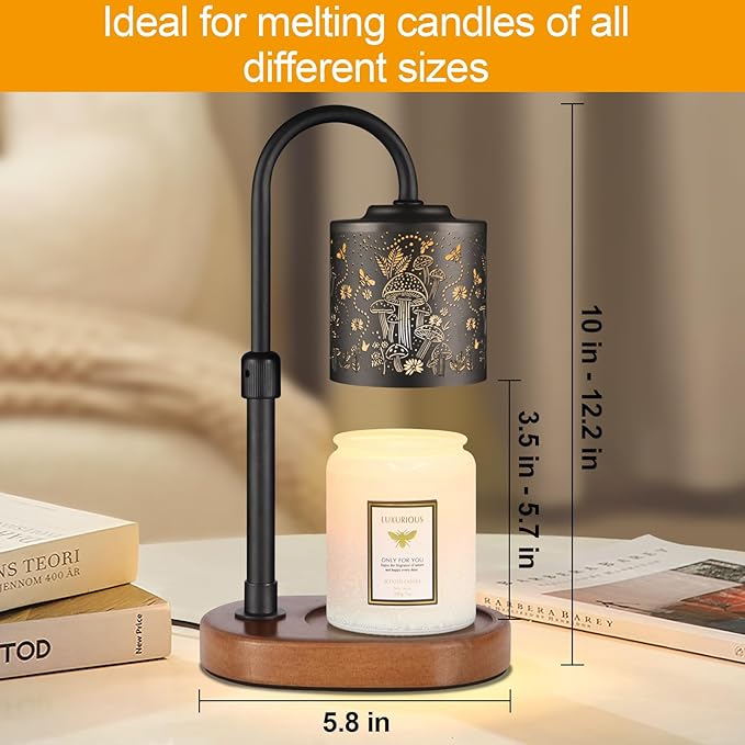 Dimmable Candle Warmer Lamp with Timer Adjustable Height for Scented Jar Candles Electric Candle Wax Melt Warmer for Home Decor Christmas Birthday Gifts for Women Mom(Mushrooms+Bees)
