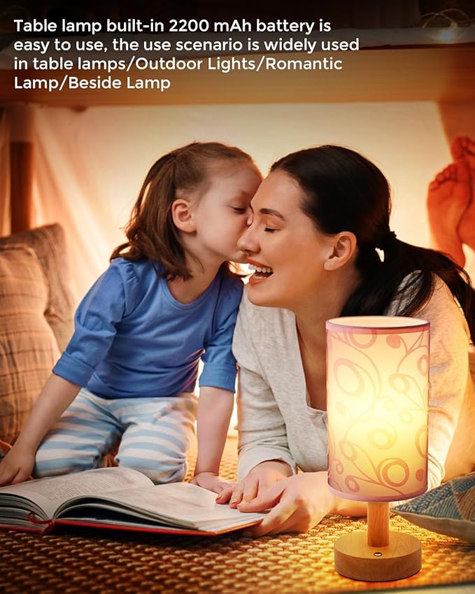 Cordless Table Lamp, 2200mAh Battery Operated Desk Lamp, Touch Bedside Lamps for Night Stands, Warm Light Mini Boho Lamp, Wood Base Round Flaxen Fabric Shade for Living Room,LED Bulb Included (Purple)