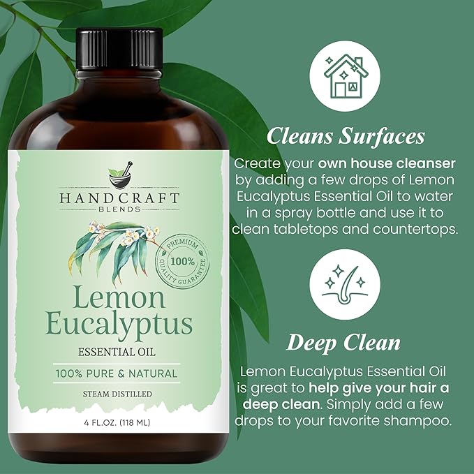 Handcraft Blends Lemon Eucalyptus Essential Oil – Huge 4 Fl Oz – 100% Pure and Natural – Premium Grade Essential Oil for Diffuser and Aromatherapy, Skin, Massage, Candle and Soap Making Fragrance