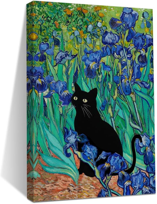 HZMLYDJ Garden Flowers Cat Aesthetic Design Posters Vintage Canvas Wall Art Cute Garden Cat Wall Art for Room Bedroom Living Room Bathroom Decor, Trendy Paintings Aesthetic Cats Lovers Decoration