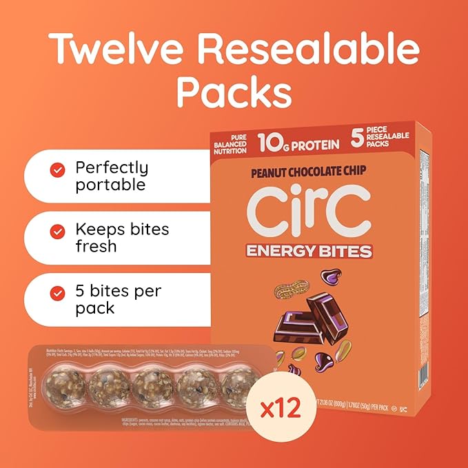 CirC Energy Bites - 12 Pack Peanut Chocolate Chip Gluten Free Protein Balls - 10g Protein, Whole Grains, Nuts & Fruit - Portable Healthy Snacks for Adults & Kids, 5 Piece Resealable Packs