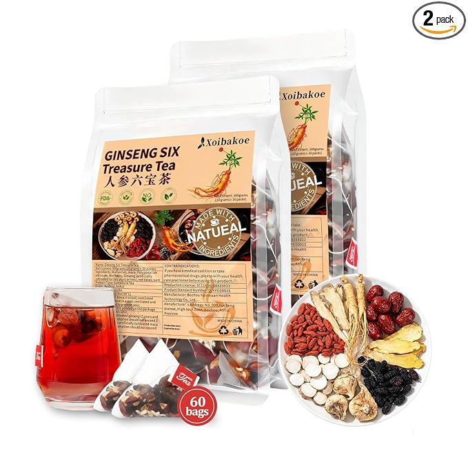 Kidney Tea Formula Ginseng Six Treasure Tea - Pure Natural Chinese Traditional Herbal Ginseng Six Treasure Kidney Detoxification Purification Tea Bag, Contains 7 Precious Ingredient Formulas (60 bags/2 Pack)