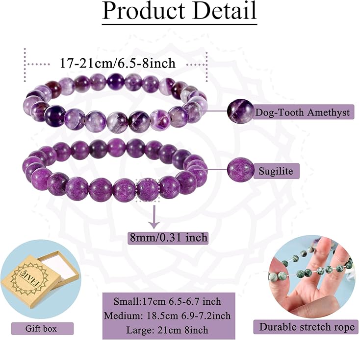 Bivei Natural Gemstone Semi Precious Healing Crystals Handmade Stretchy Round Beads Bracelet, Enhance Positive Energy